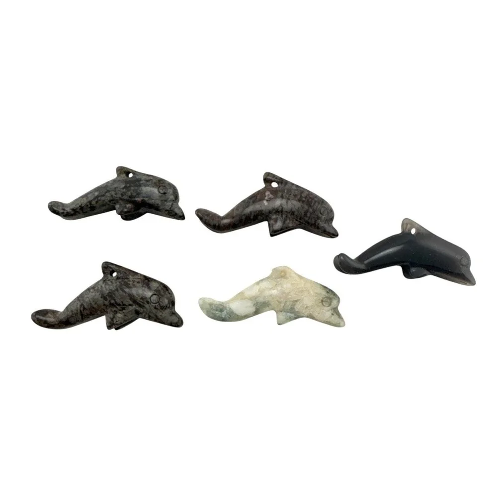 Carved Gemstone Dolphin Charms Agate Marble Beads (5) Drilled for Jewelry